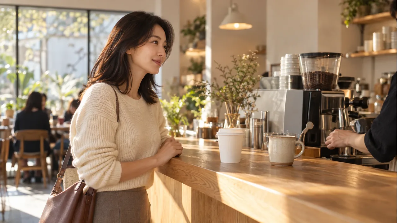 An adult woman in a cream knit top standing naturally in front of a warm sunlit wooden cafe counter with a plain take-out paper cup and ceramic mug on the surface