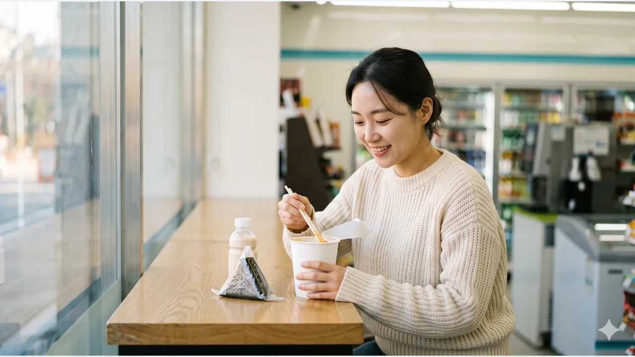 An adult woman eating cup noodles with chopsticks at a convenience store window counter, with triangle kimbap and a drink bottle beside her
