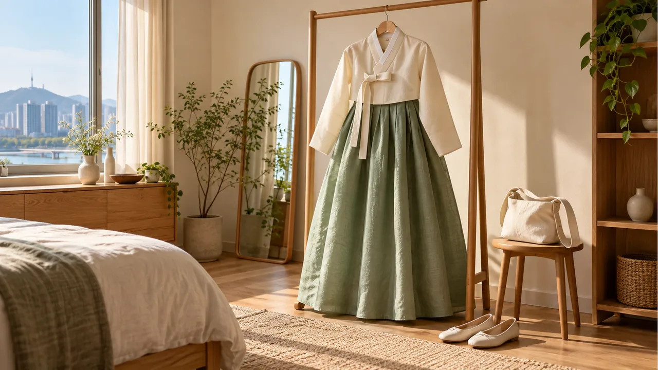 A cream jeogori and sage hanbok skirt on an oak hanger, with a plain bag on a stool and white shoes on the floor