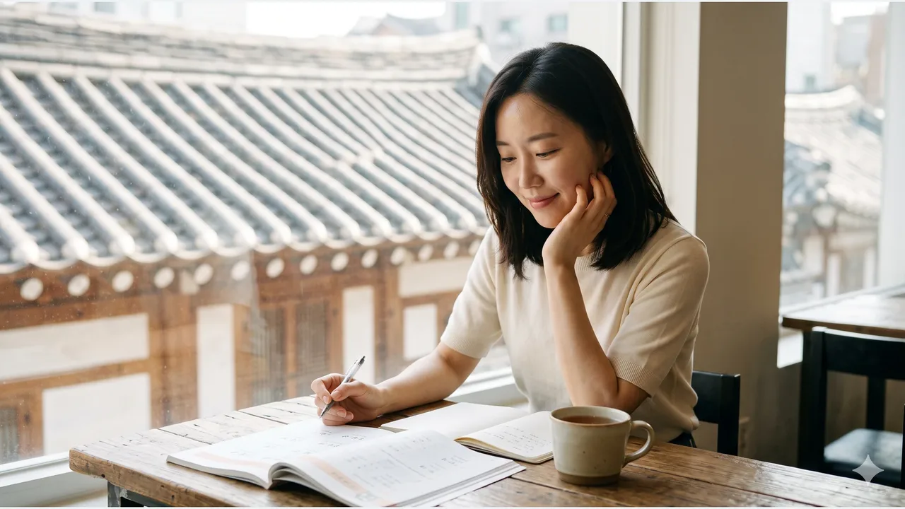 An adult woman smiling as she writes in a notebook beside a Korean workbook at a cafe window, with a hanok street of tiled roofs outside
