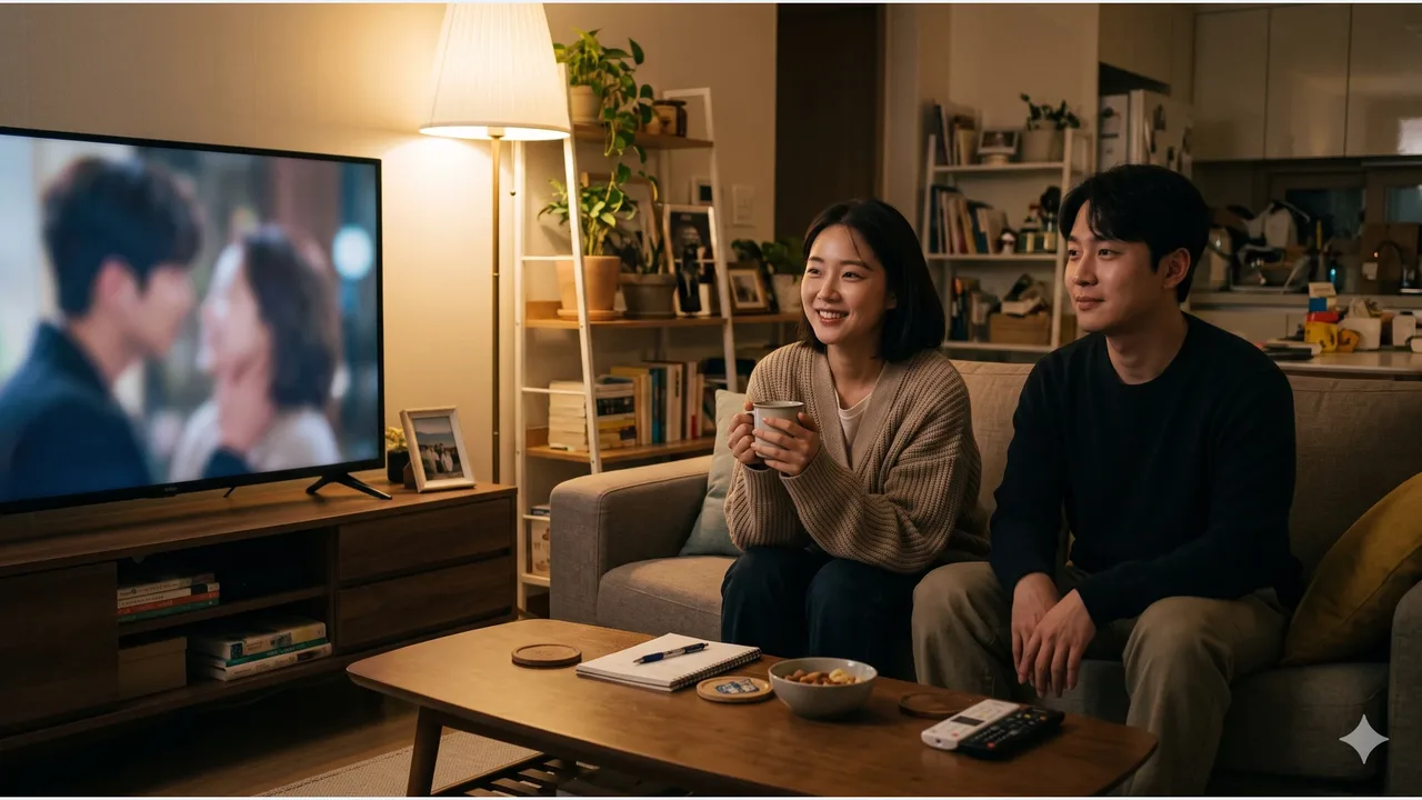 An adult woman holding a mug and smiling as she watches a drama on TV with a friend on a cozy living room sofa, a notebook and snacks on the table