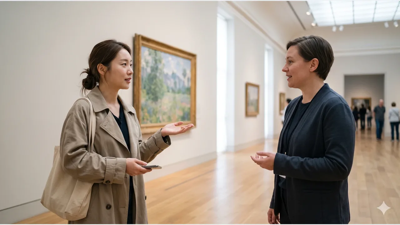 An adult woman holding a phone asks a museum staff member about the exhibition in a gallery, gesturing toward a framed painting