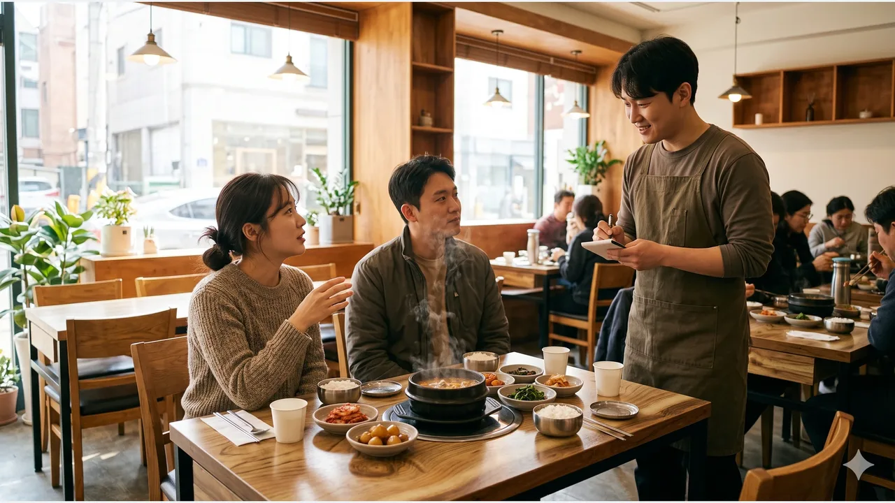 Two adults at a Korean restaurant table with a stone-pot stew and side dishes, ordering from a smiling server who holds a notepad