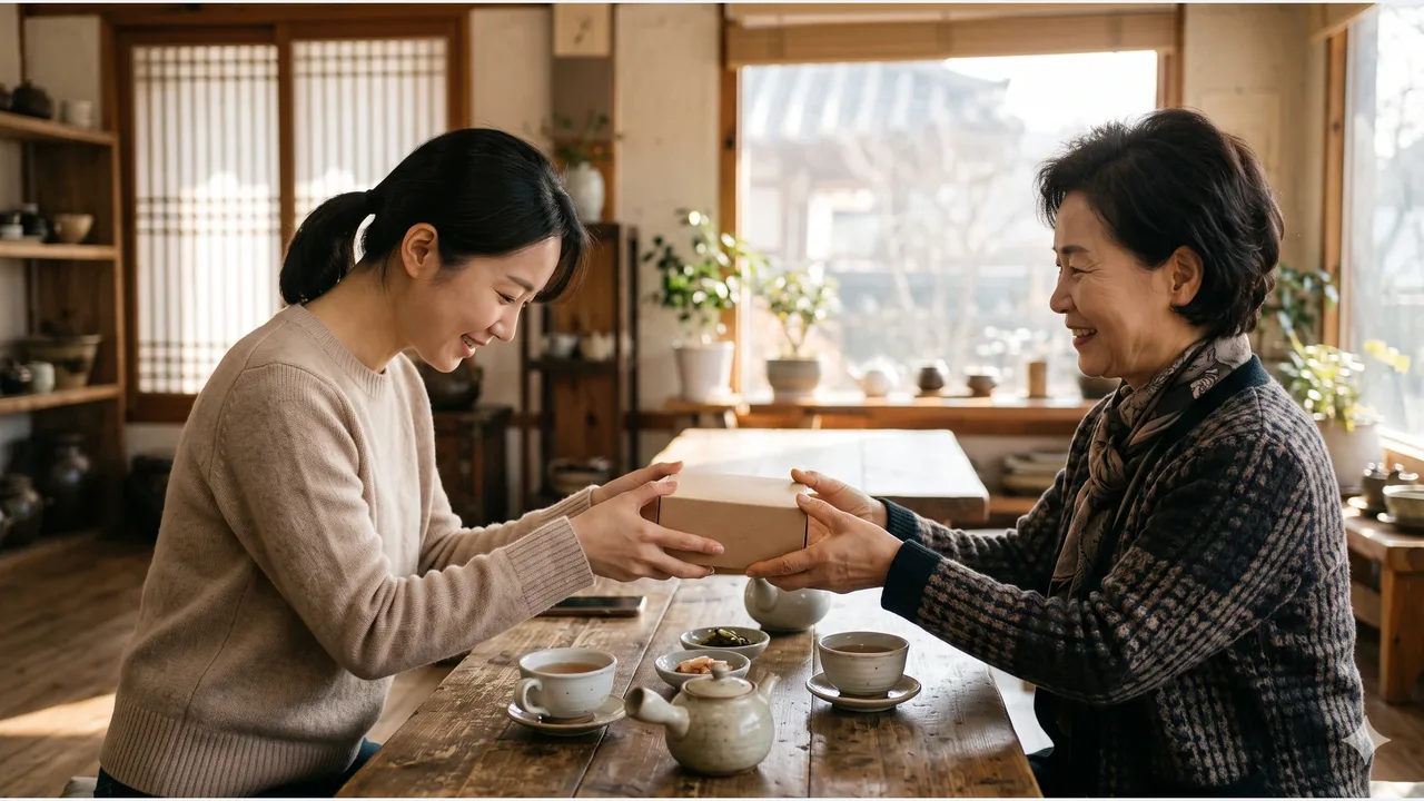 A young woman bowing slightly as she hands a plain gift box with both hands to an older woman across a tea cafe table, who smiles as she receives it