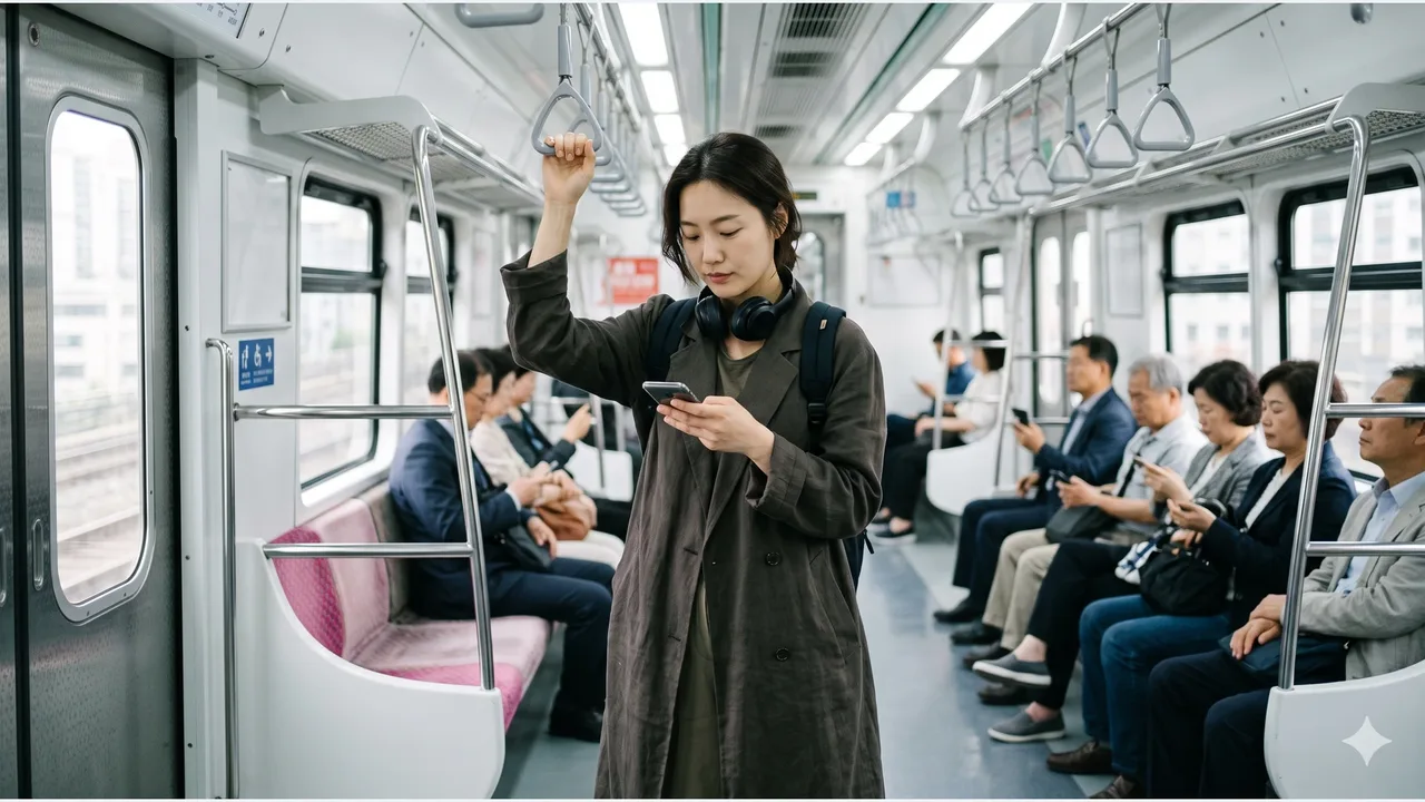 An adult woman holding the strap and quietly looking at her phone in a subway car while other passengers sit neatly behind her