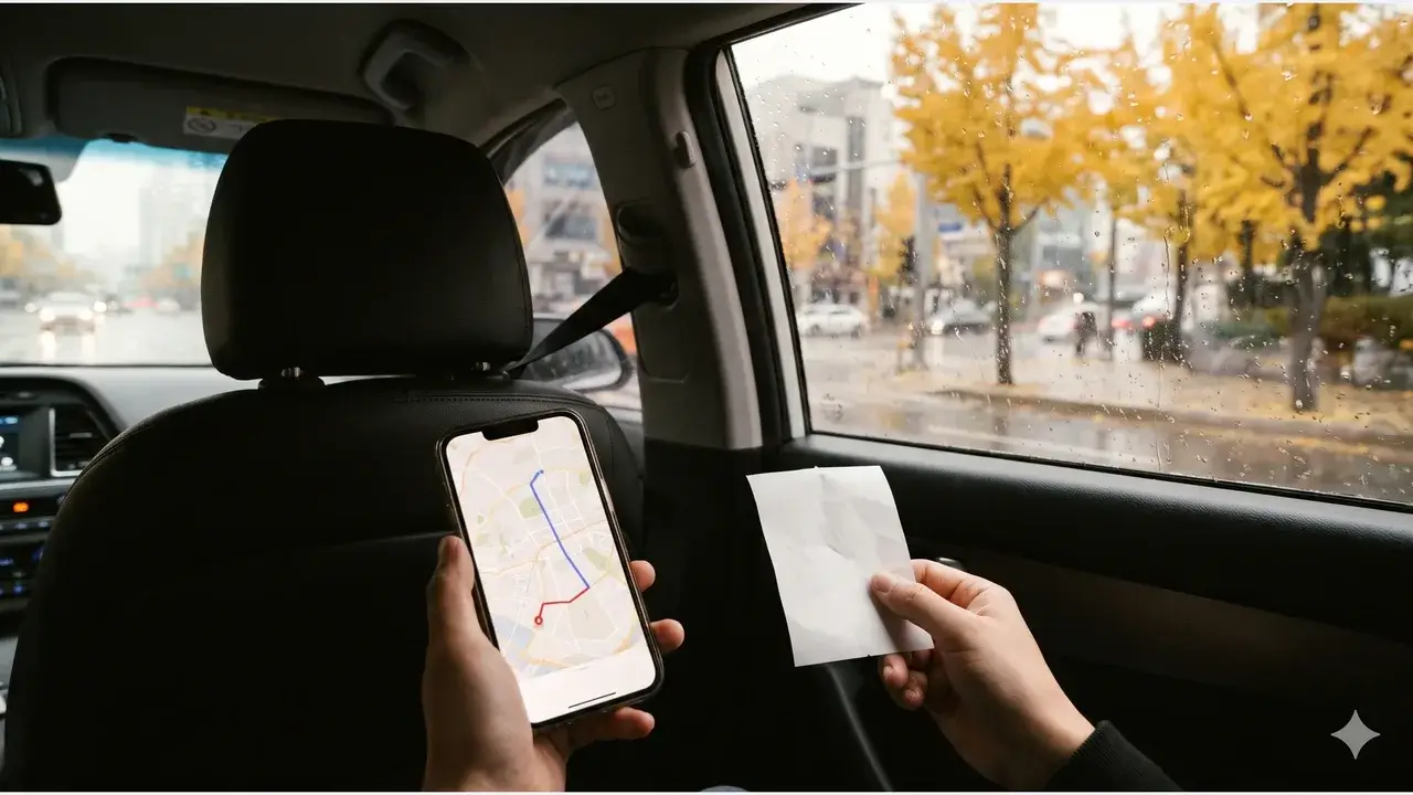 택시 뒷좌석에서 지도가 띄워진 휴대전화와 빈 종이 영수증을 든 손, 창밖으로 비 내리는 서울 거리의 은행나무가 보이는 모습