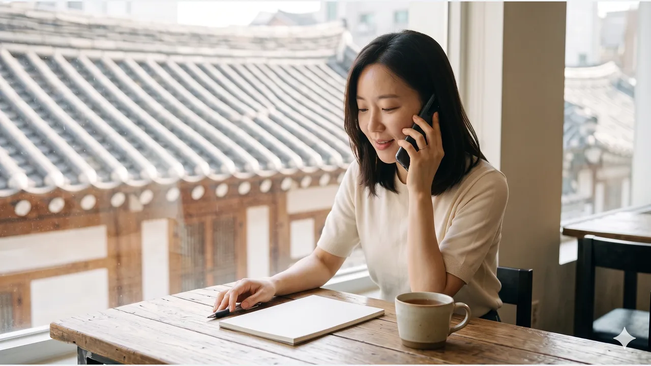 한옥 기와지붕이 보이는 카페 창가의 원목 탁자에서 여성이 휴대전화를 귀에 대고 있고 탁자 위에 빈 메모지와 펜, 찻잔이 놓여 있는 모습